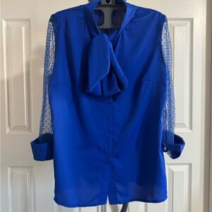 SHEIN Royal Blue Blouse with Sheer Polka Dot Sleeves